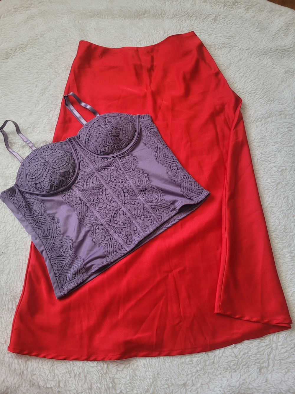 SHEIN Lavender Lace Bustier Bralette with Red Slip Skirt